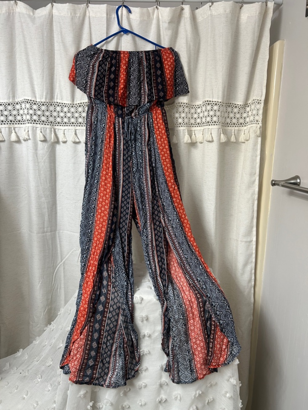 Rue21 Navy & Rust Striped Off-Shoulder Wide-Leg Jumpsuit